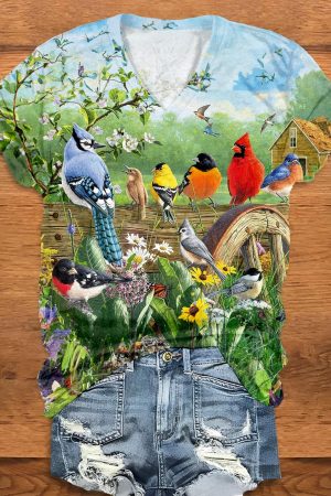 Garden Flower Birds Printed V-Neck V-Neck Shirt Gift For Her