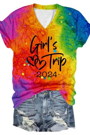 Girl's Trip 2025 Tie-dye Print V-neck V-Neck Shirt Best Girls Trip Travel Vacation Gifts For Her