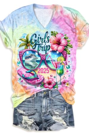 Girls Trip 2025 Tropical Cruise Trip V-Neck V-Neck Shirt Girls Trip Travel Vacation Gifts For Her
