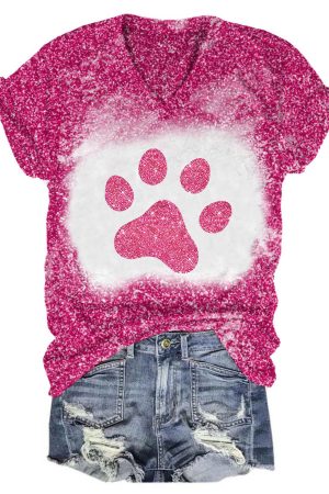 Glitter Dog Paw Print Casual V-Neck Shirt Dog Themed Presents