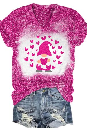 Glitter Gnome Heart V-Neck V-Neck Shirt Gnome Gifts For Her