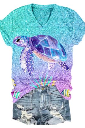 Glitter Sea Turtle Print V-Neck Shirt Gifts For Women