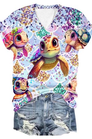 Glitter Turtle Print V-Neck Shirt Travel Gifts For Women