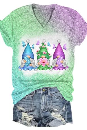 Gnome Gradient Glitter V-Neck Shirt Funny Cute Gnome Gifts