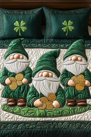 Gnome Quilt Bedding Set Shamrock Gnome Perfect Gift For St. Patrick's Day And Fantasy Lovers