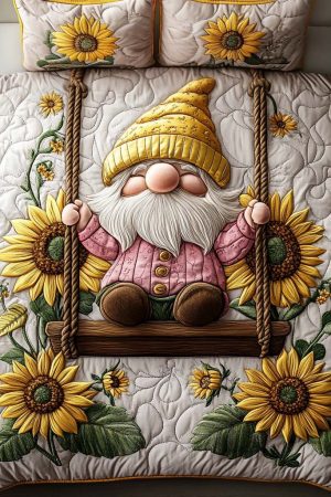 Gnome Quilt Bedding Set Swinging Joy Perfect Gift For Fantasy And Garden Gnome Enthusiasts