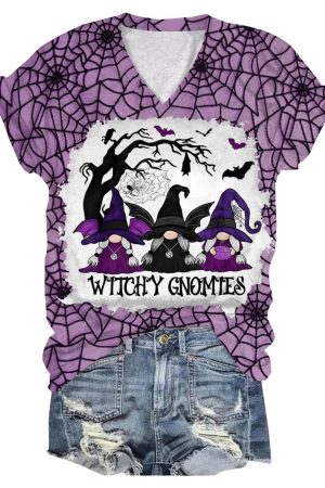 Halloween Gnome Print V-Neck Shirt Birthday Gifts For Sister