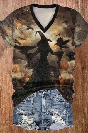 Halloween Witch Print V-Neck Shirt Present Ideas For Women