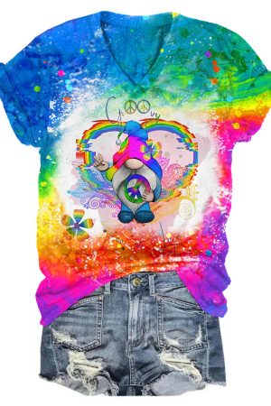 Heart Hippie Gnome Print V-Neck Shirt Cute Birthday Gifts