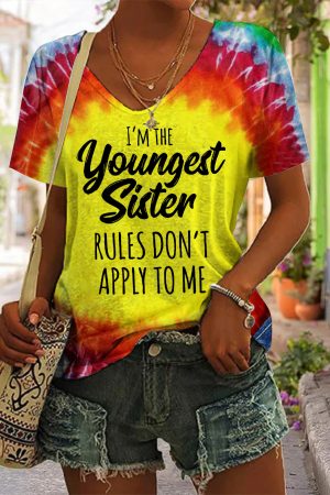 I'm The Youngest Sister Rules Don't Apply To Me V Neck Short Sleeve V-Neck Shirt Christmas Gifts For Women