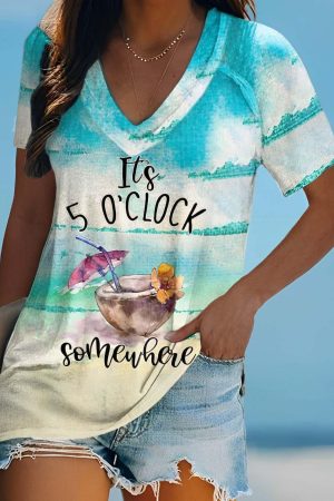 It's 5 O'Clock Somewhere Print V-Neck Shirt Best Gifts For Beach Lovers