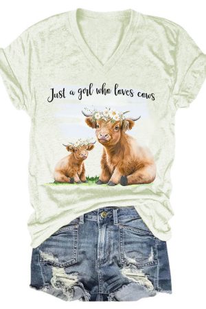 Just A Girl Who Love Cows V-Neck Shirt Highland Cow Presents