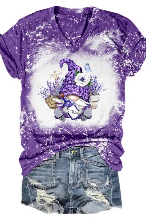 Lavender Garden Gnome Tie Dye V-Neck Shirt Unique Gnome Gifts