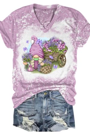 Lavender Gnome Flower V-Neck Shirt Best Gifts For Gnome Lovers