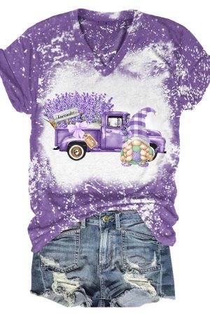 Lavender Truck Gnome V-Neck Shirt Gnome Gifts For Her