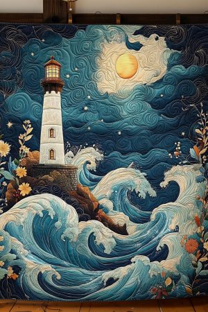 Lighhouse In Midnight Ocean Quilt Blanket Gifts For Ocean Lovers