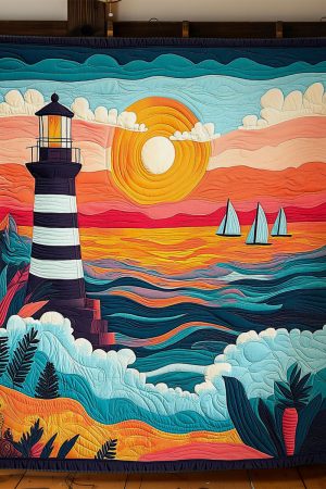 Lighthouse In Sunset Quilt Blanket Gift For Girl