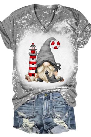 Lighthouse Sea Gnome Tie Dye V-Neck Shirt Gnome Themed Gifts