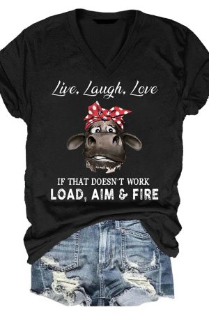 Live Laugh Love Cow Print V-Neck V-Neck Shirt Highland Cattle Gifts