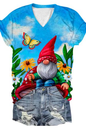 Mushroom Gnome Print V-Neck Shirt Cute Birthday Gifts