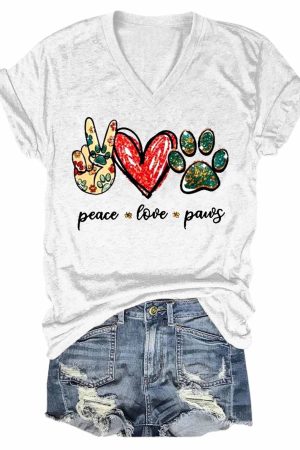Peace, Love & Dog Paws Women's Short Sleeve V-Neck Shirt Best Dog Lovers Gifts For Her