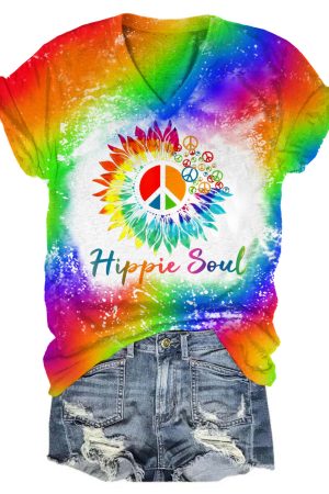 Peace Sign Hippie Soul Colored V-Neck Shirt Hippie Birthday Present Ideas