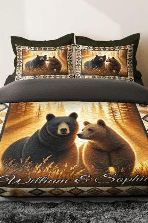Personalized Bear Couple Quilt Bedding Set Special Line Gift Experiences For Couples