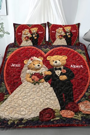 Personalized Bear Couple Quilt Bedding Set Wedding Day Gifts For Older Couples