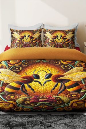 Personalized Bee Couple Quilt Bedding Set Special Line Romantic Gifts For Couples