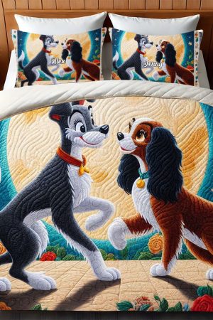 Personalized Cartoon Dog Couple Quilt Bedding Set Special Line Gifts For Couples Who Have Everything