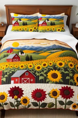 Personalized Farmer Quilt Bedding Set Peaceful Barn & Sunflowers