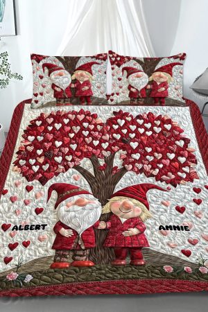 Personalized Gnome Couple Valentine Quilt Bedding Set Special Line Gifts For Couples Who Have Everything