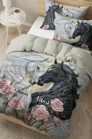 Personalized Horse Couple Quilt Bedding Set Special Line Anniversary Gifts For Couples