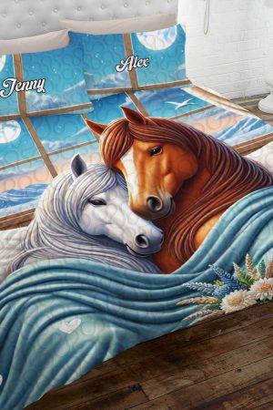 Personalized Horse Couple Quilt Bedding Set Special Line Gifts For Older Couples