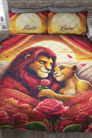 Personalized Lion Couple Quilt Bedding Set Special Line Cute Couple Gifts