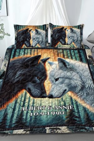 Personalized Wolf Couple Quilt Bedding Set Anniversary Gifts For Couples