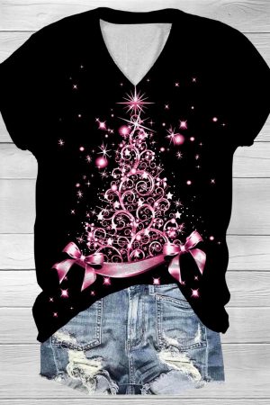 Pink Christmas Tree Print V-Neck V-Neck Shirt Best Christmas Gifts For Men