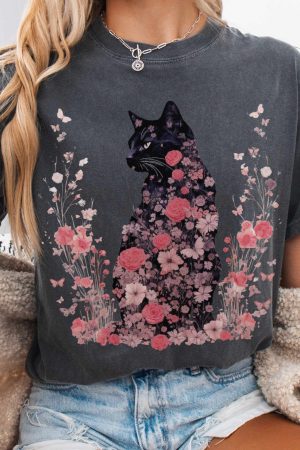 Pink Floral Black Cat Cottagecore T-Shirt Perfect Gift For Girlfriend