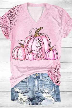 Pink October Halloween Pumpkin V-Neck Shirt Birthday Gifts For Her