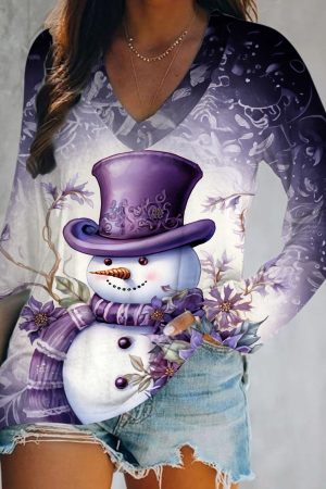 Purple Snowman Print V-Neck Long Sleeve Top Gift Ideas For Women