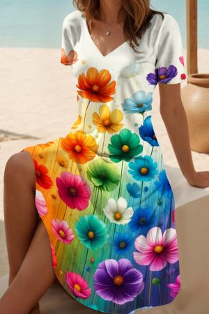 Rainbow Color Floral Print V Neck Short Sleeve Dress Unique Birthday Gifts For Her
