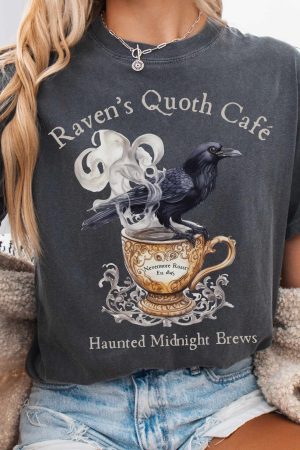 Raven Quoth Cafe Poe T-Shirt - Haunted Midnight Brews Gift For Women
