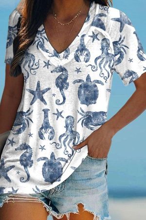 Retro Marine life Print V-neck V-Neck Shirt Mother'S Day Beach Gifts