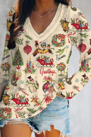 Retro Nostalgic Christmas Print V-Neck Long-Sleeved Top Christmas Presents For Mom