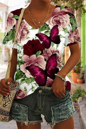 Rose Flower Butterfly V-Neck V-Neck Shirt Butterfly Gifts For Friends