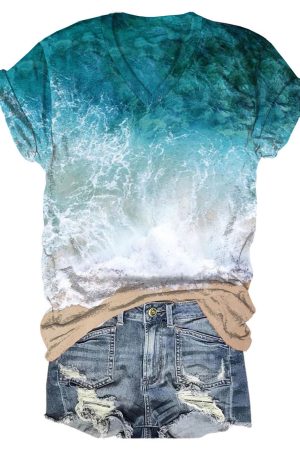 Sea Print V-Neck Shirt Unique Gift Ideas For Women