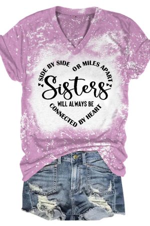 Sisters Will Always Be Connected By Heart V-Neck Shirt Girls Trip Travel Vacation Gifts For Friends