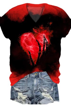 Skull Heart Print Tie Dye V-Neck Shirt Unique Skull Gifts