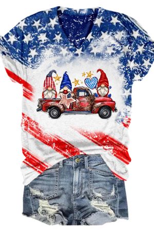 Star Stripe Gnomes Truck USA Flag V-Neck Shirt Mother's Day Gifts For Mom