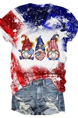 Star Stripe Gnomes USA Flag V-Neck Shirt Patriotic Gifts For Gnome Lovers